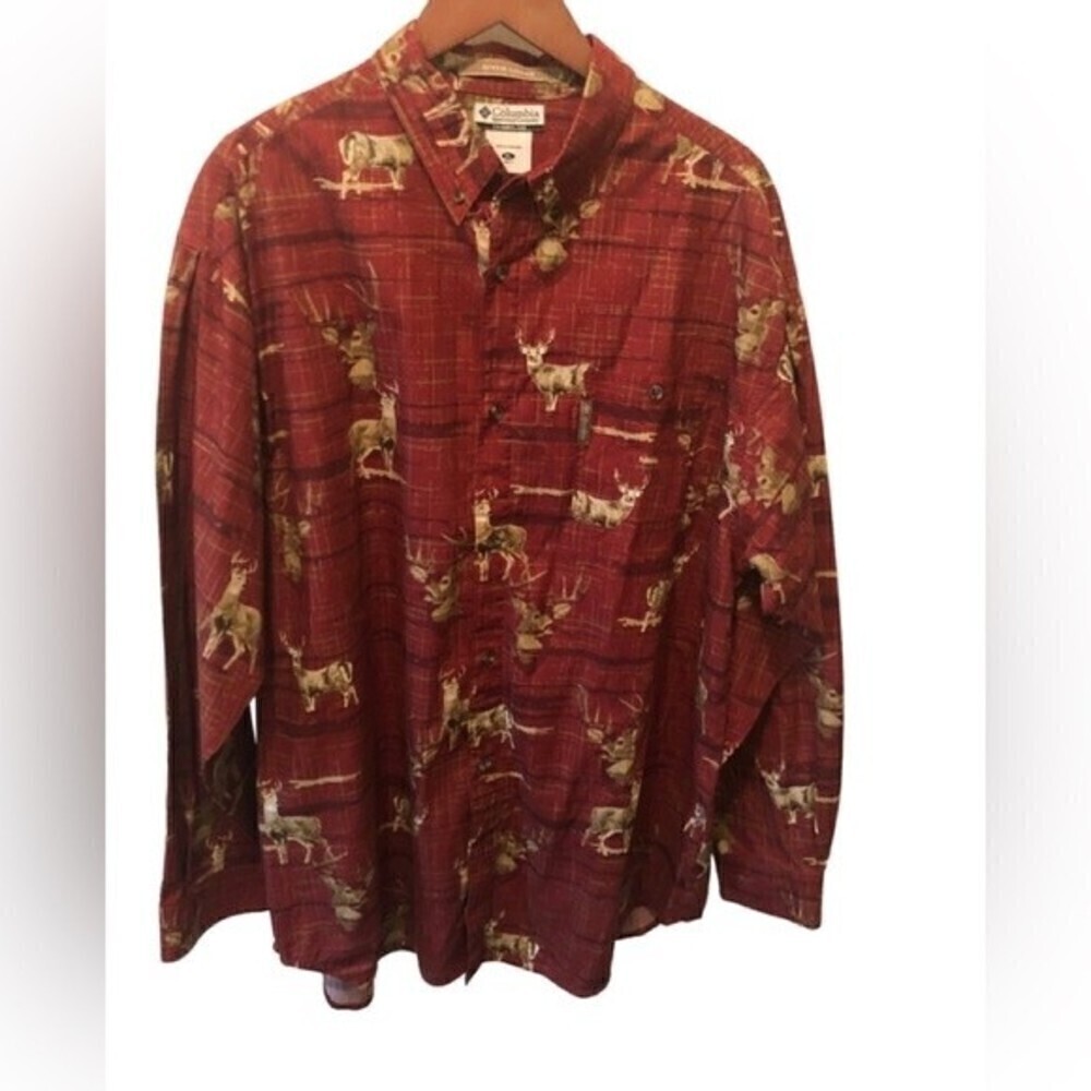 Columbia River Lodge Button Down LS Shirt XL Deer Buck Printed Rust Hunter Sport